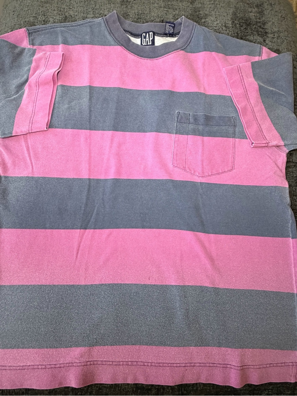 Vintage 90s Gap Striped Pocket T-Shirt Pink Grey Large